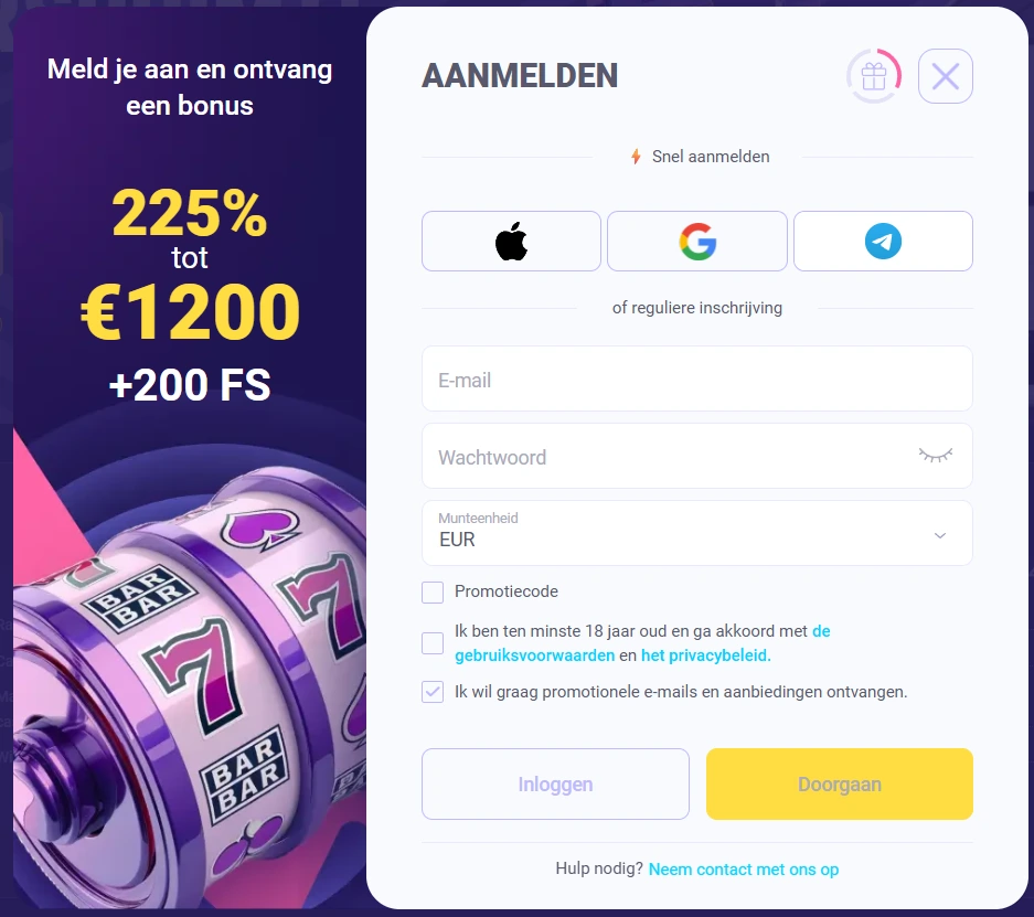 ChachaBet Casino registratieformulier met 225 procent bonus tot 1200 euro en 200 free spins