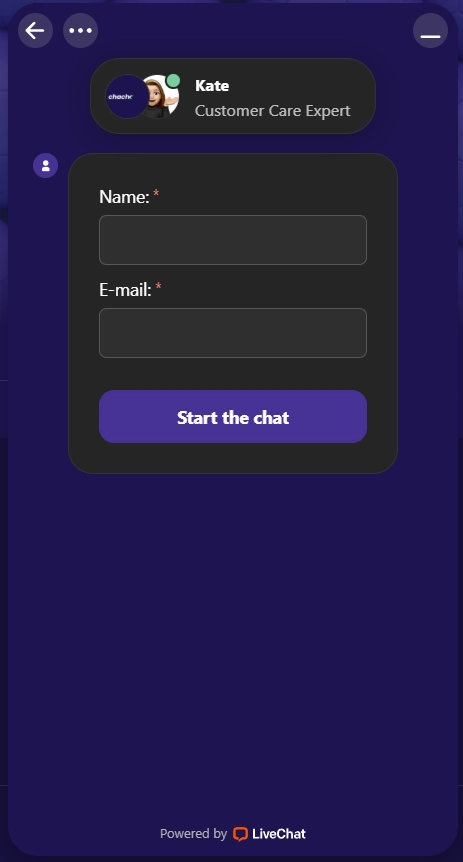 ChachaBet Casino live chat met support medewerker en contactformulier
