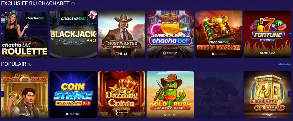 ChachaBet Casino populaire slots met spellen zoals Book of Dead Coin Strike en Dazzling Crown