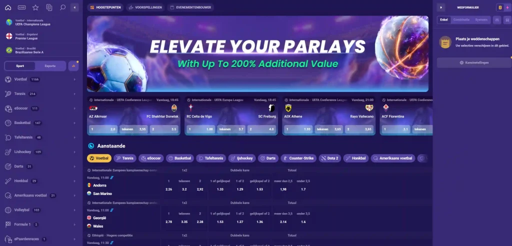 ChachaBet Casino sportweddenschappen interface met voetbalwedstrijden en odds overzicht
